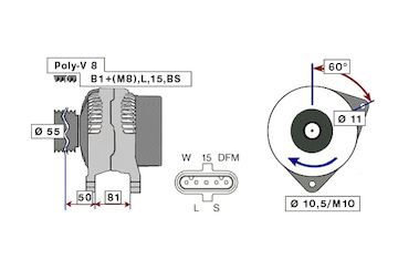 ALTERNÁTOR 24V / 70A + ŘEMENICE Ø55, 8 DRÁŽEK (motor: TECTOR) 